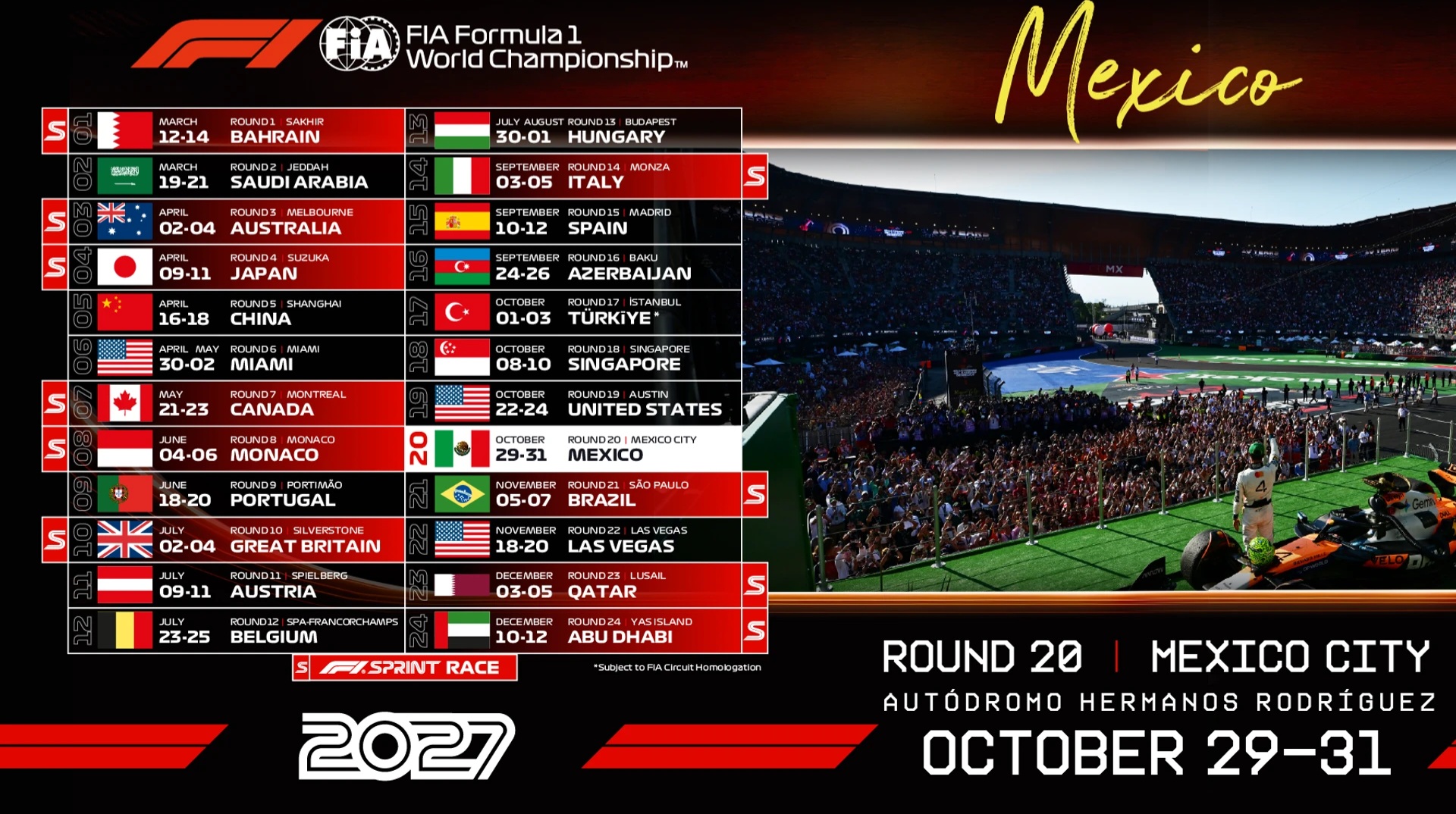 Confirman fecha del Gran Premio de México en el calendario 2027 de F1 - Quadratín