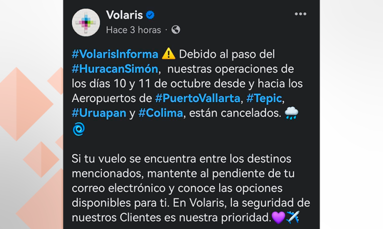 Cancela Volaris vuelos a 4 aeropuertos por Simon; Uruapan, entre ellos